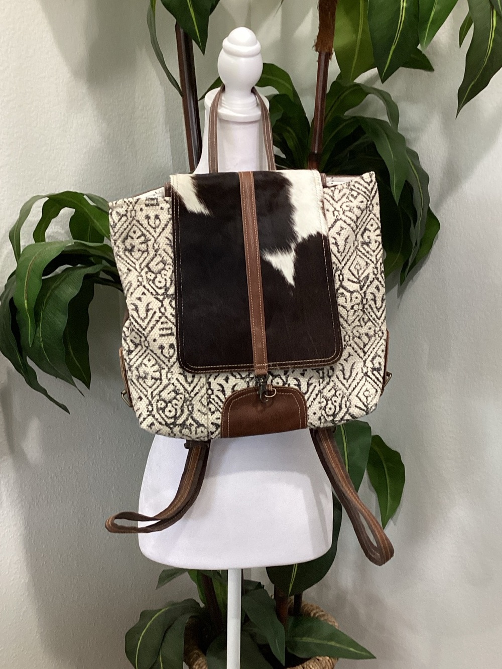Myra Bag Brown White Patterned Canvas & Leather Backpack
